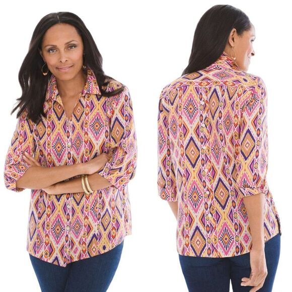 Chico's Top Blouse NO-IRON Ikat Linen Button-Back Shirt Size 2 Pink Southwestern - Picture 2 of 11